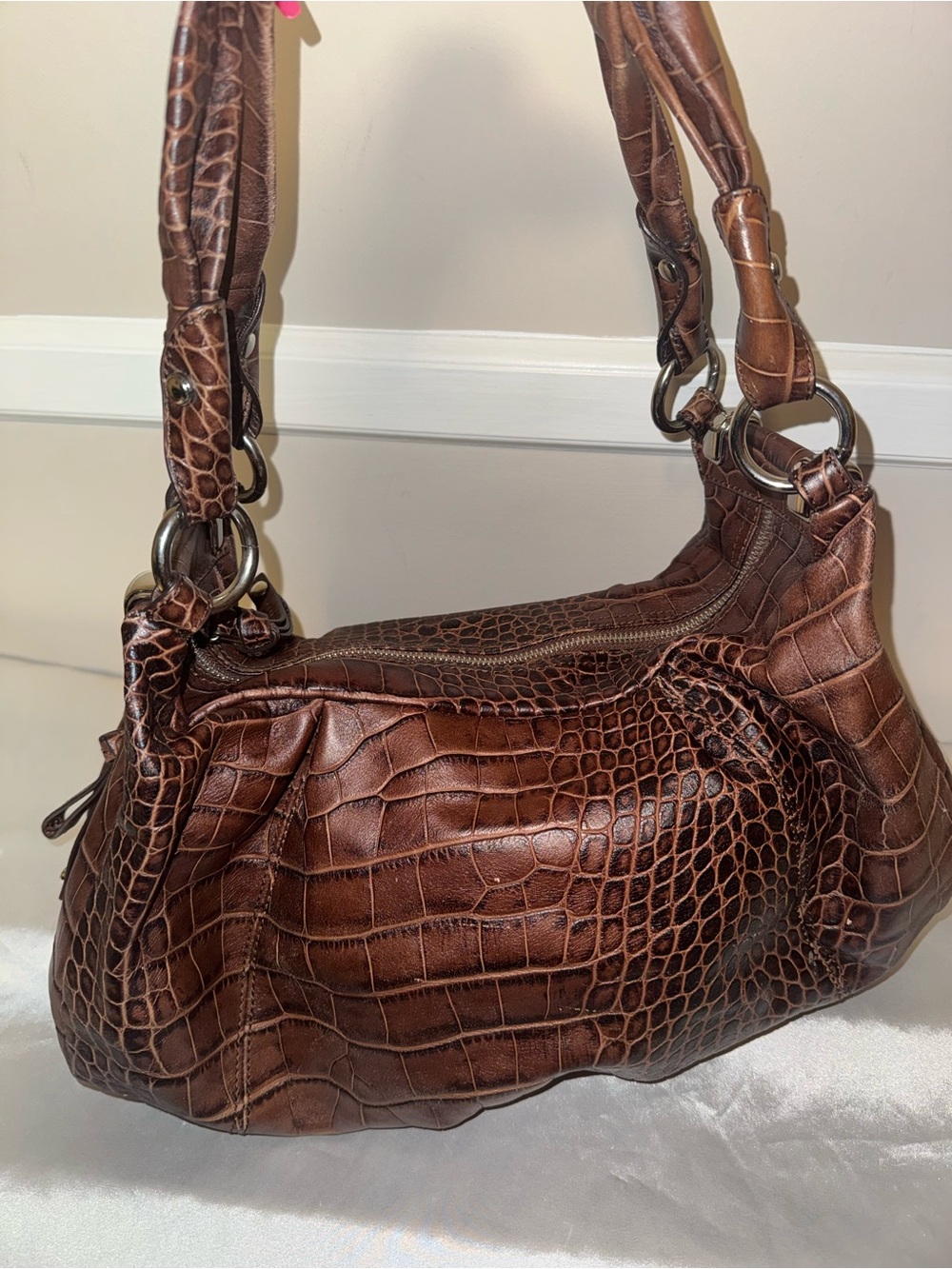 Brown Croc-Embossed Shoulder Bag